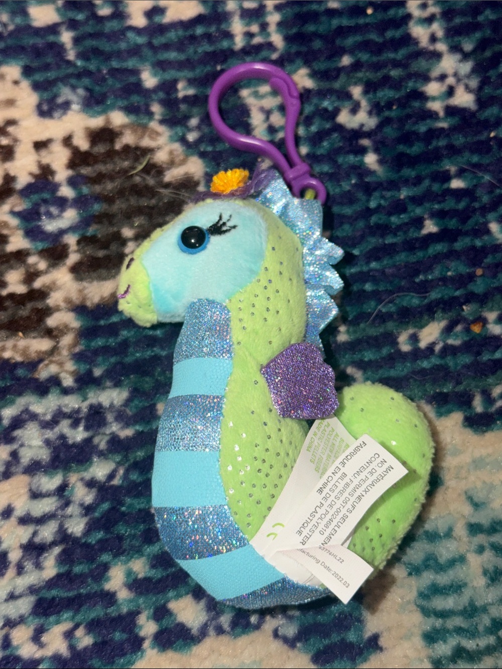 Plush Seahorse Keychain in Aqua & Lime with Purple Accents
